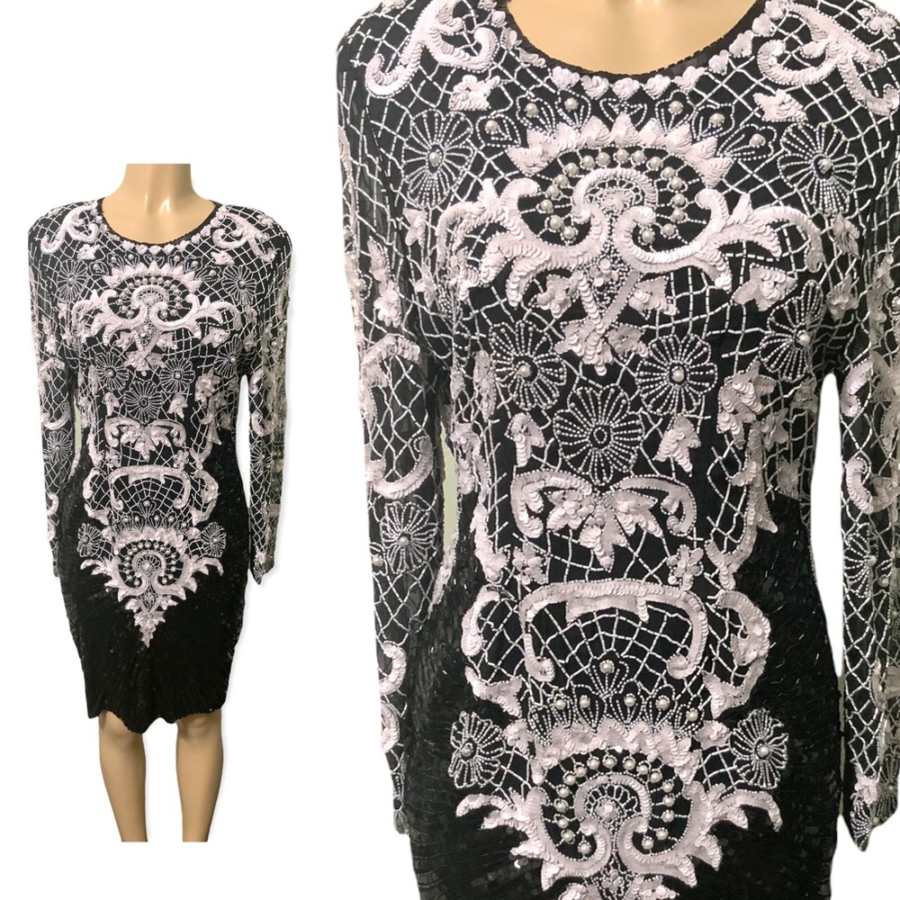 Silk & Sequins Size XL Mid-Length 100% Silk Fully Lined Be…